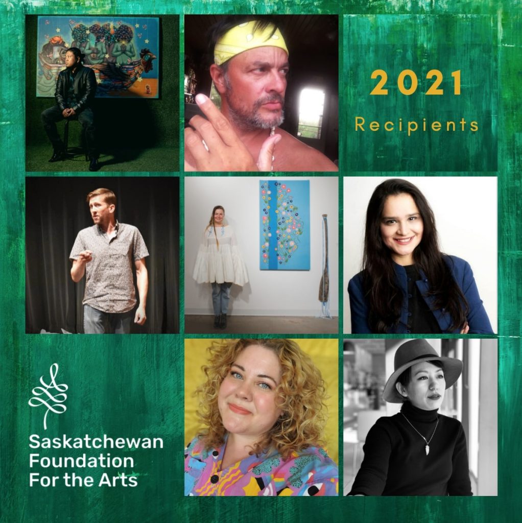 A green grid of nine squares. The squares contain the faces of the seven recipients of the 2021 Sask Foundation For the Arts Endowment Awards.